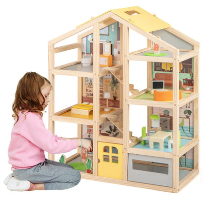 Wooden Dollhouse for Kids Modern Family Pretend Playhouse with Furniture Pieces and Figures