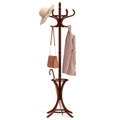 Wooden Standing Coat Rack Tree with 12 Hooks and Umbrella Stand