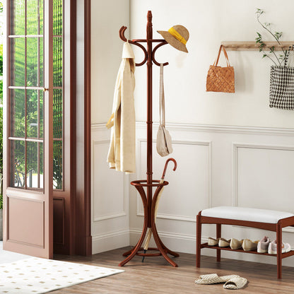 Wooden Standing Coat Rack Tree with 12 Hooks and Umbrella Stand