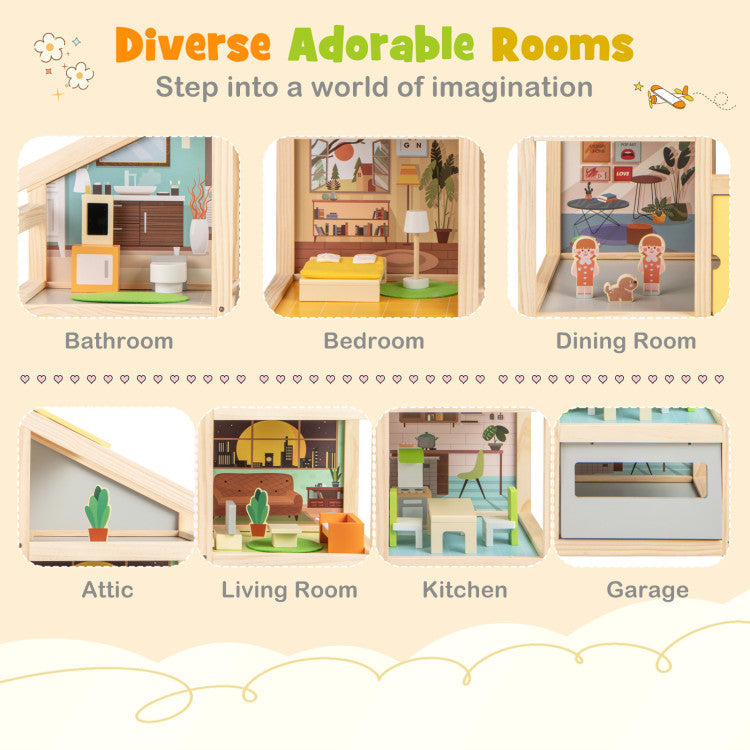 Wooden Dollhouse for Kids Modern Family Pretend Playhouse with Furniture Pieces and Figures