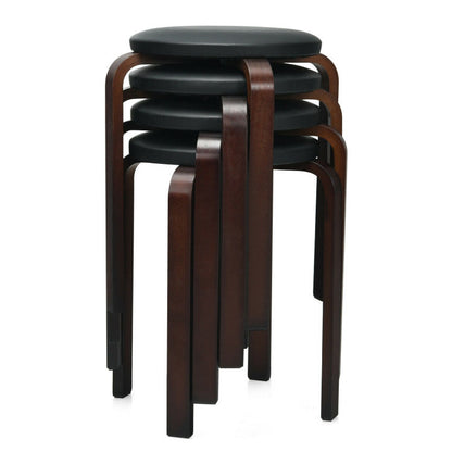 4-Pack Bentwood Stack Stools with PU Leather Round Top