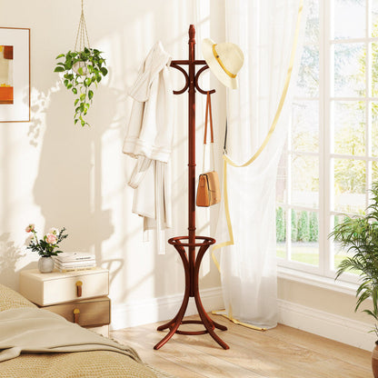 Wooden Standing Coat Rack Tree with 12 Hooks and Umbrella Stand