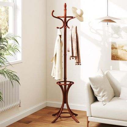 Wooden Standing Coat Rack Tree with 12 Hooks and Umbrella Stand