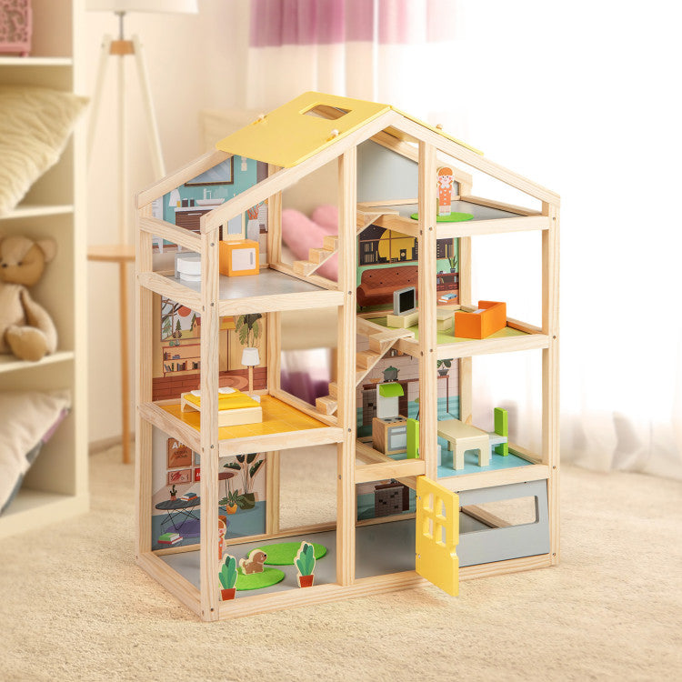 Wooden Dollhouse for Kids Modern Family Pretend Playhouse with Furniture Pieces and Figures