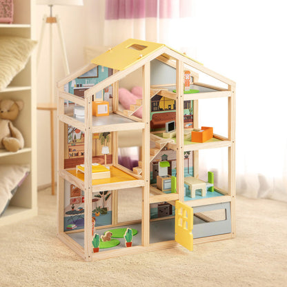 Wooden Dollhouse for Kids Modern Family Pretend Playhouse with Furniture Pieces and Figures