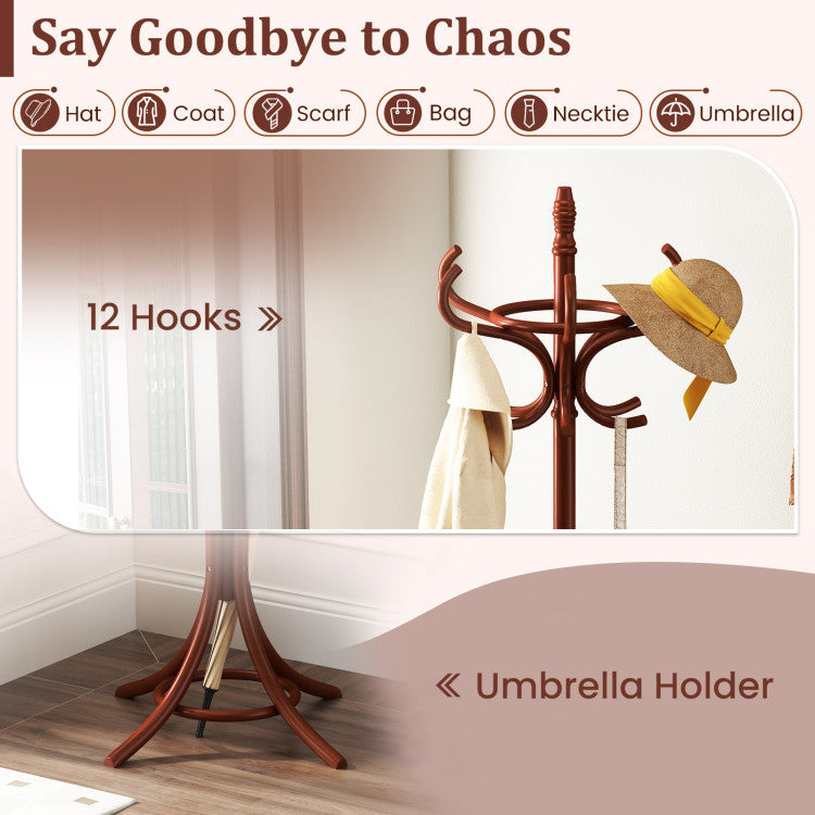 Wooden Standing Coat Rack Tree with 12 Hooks and Umbrella Stand