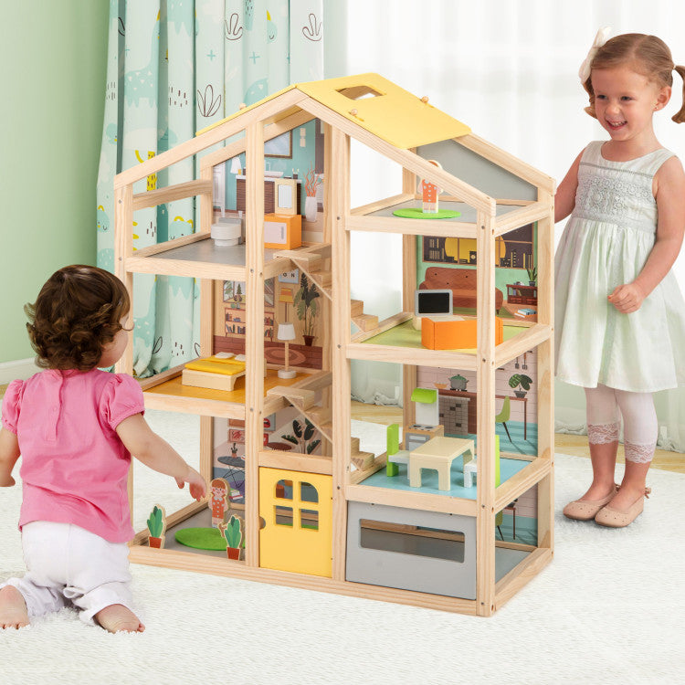 Wooden Dollhouse for Kids Modern Family Pretend Playhouse with Furniture Pieces and Figures
