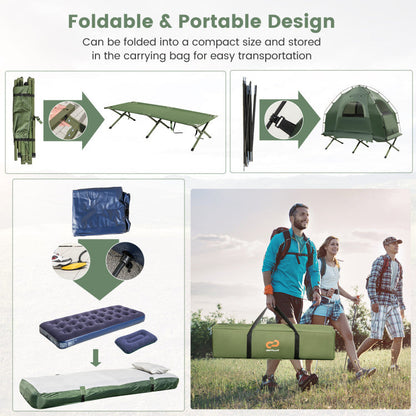 1-Person Folding Camping Tent with Sunshade and Air Mattress