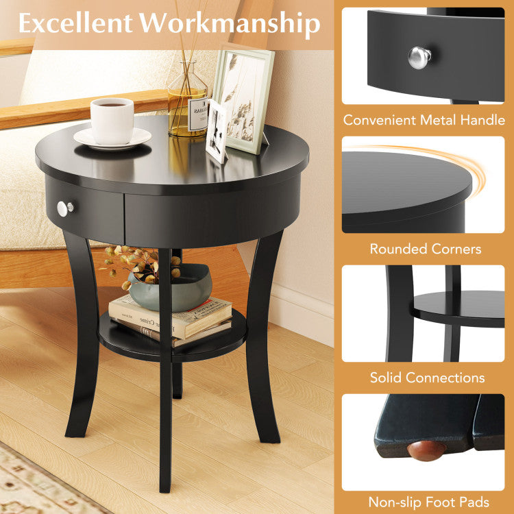 2-Tier Wood Round End Table with Open Drawer