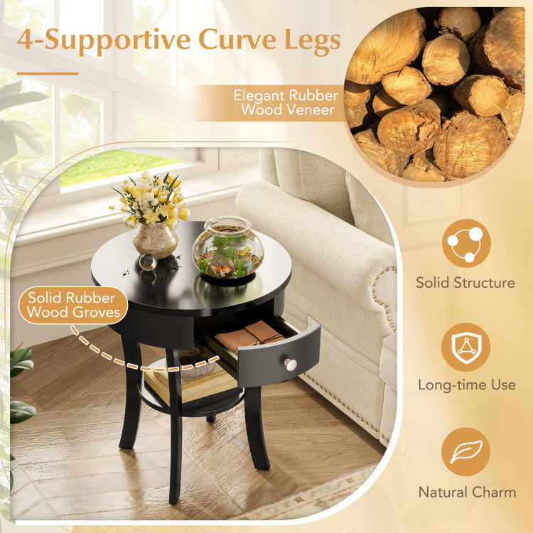 2-Tier Wood Round End Table with Open Drawer