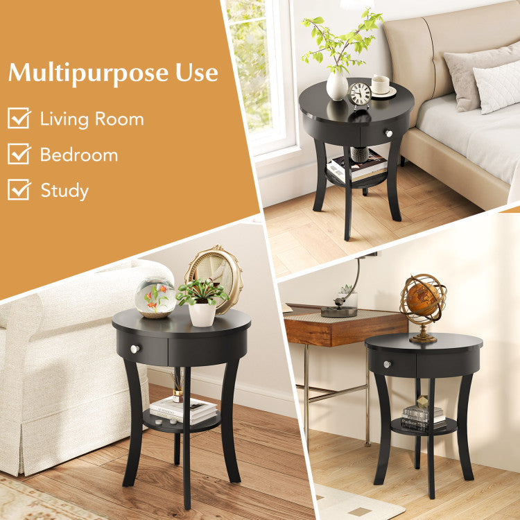 2-Tier Wood Round End Table with Open Drawer