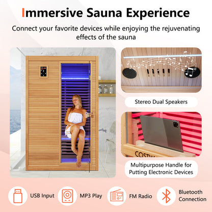 New 2 People Far Infrared Wooden Sauna Room with Free Red Light Therapy for Home