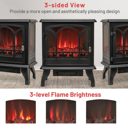 1400W Electric Stove Heater with 3-Level Flame Effect and 3-Sided View