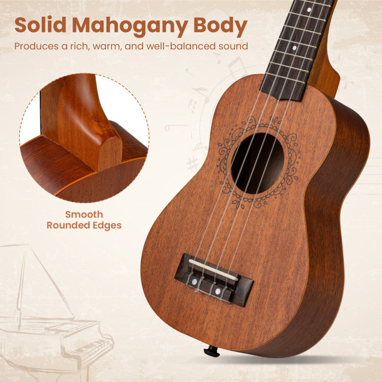 21 Inch Soprano Mahogany Wooden Ukelele Set with Adjustable Strap