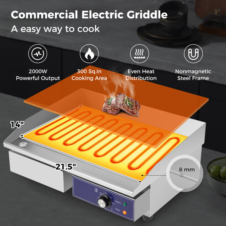 22 Inch Countertop Electric Griddle 2000W 110V Commercial Stainless Steel Grill