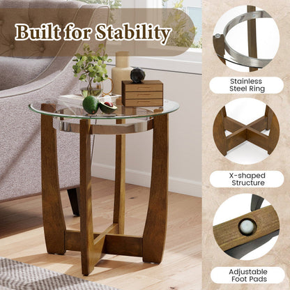 24 Inches Round Side Table with Tempered Glass Top and Solid Rubber Wood Base