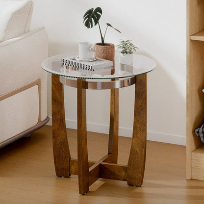 24 Inches Round Side Table with Tempered Glass Top and Solid Rubber Wood Base