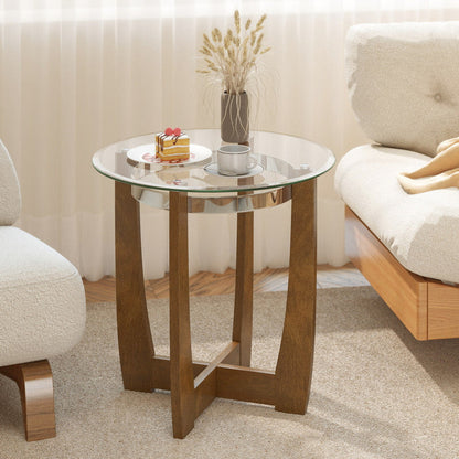 24 Inches Round Side Table with Tempered Glass Top and Solid Rubber Wood Base