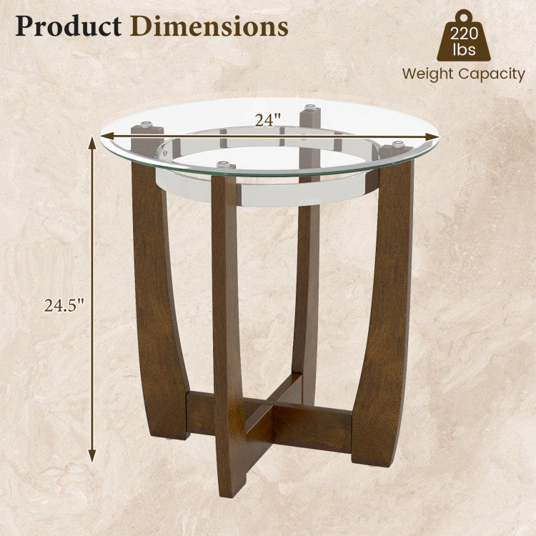 24 Inches Round Side Table with Tempered Glass Top and Solid Rubber Wood Base