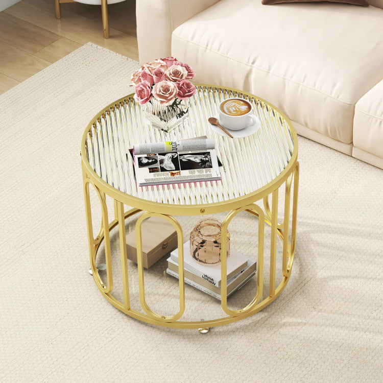 24 Inch Round Coffee Table with Reeded Tempered Glass Top and Oval Swivel Brackets
