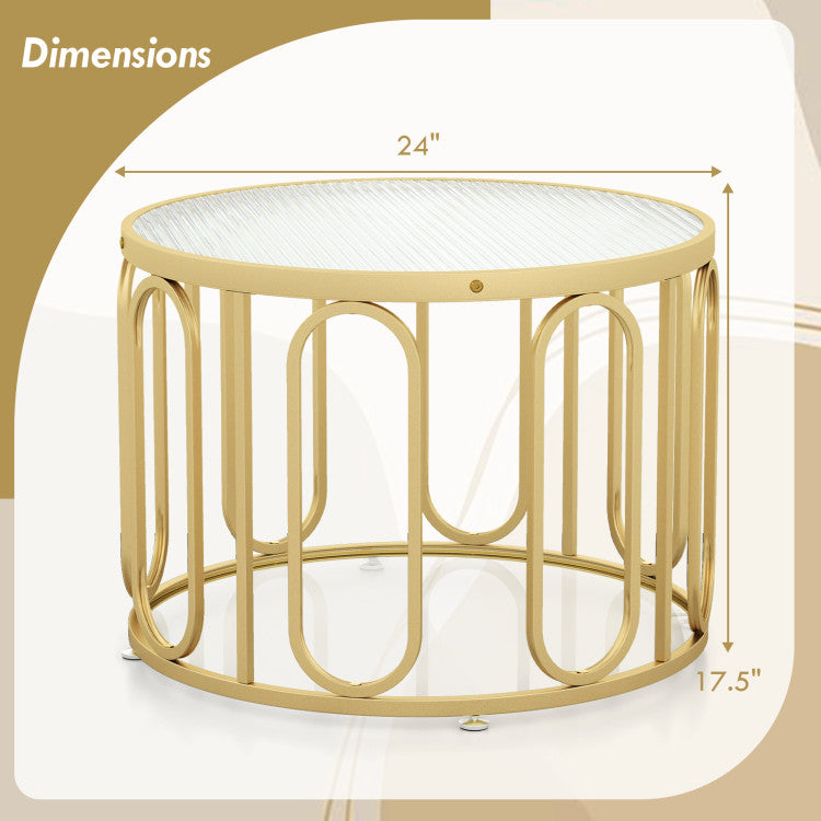 24 Inch Round Coffee Table with Reeded Tempered Glass Top and Oval Swivel Brackets