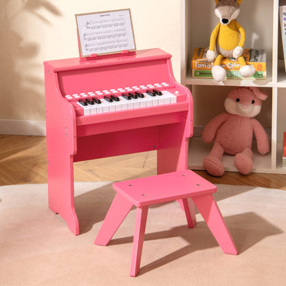 25 Keys Kids Piano Keyboard with Stool Mini Digital Piano Wooden Toy with Adjustable Speed and Volume