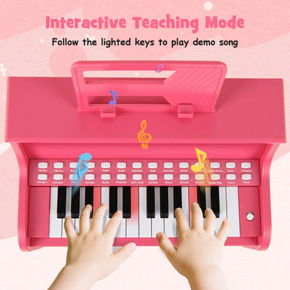 25 Keys Kids Piano Keyboard with Stool Mini Digital Piano Wooden Toy with Adjustable Speed and Volume