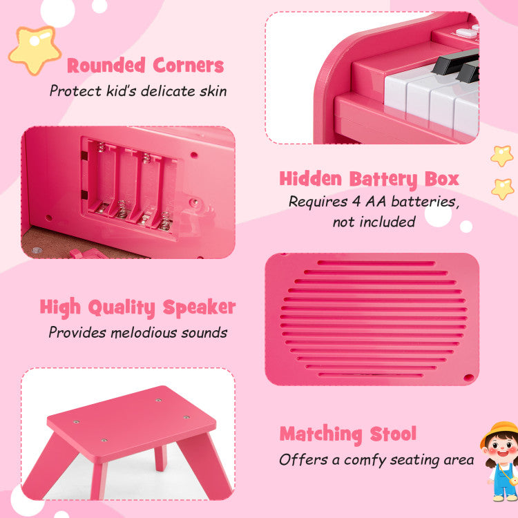 25 Keys Kids Piano Keyboard with Stool Mini Digital Piano Wooden Toy with Adjustable Speed and Volume