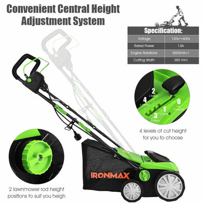 15 Inch 13 Amp Electric Scarifier with Collection Bag and Removable Blades