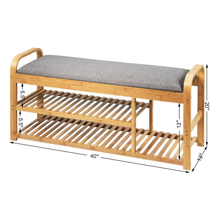Entryway 3-Tier Bamboo Shoe Rack Bench with Cushion
