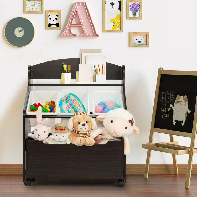 Kids Toy Storage Organizer with Rolling Toy Box and Plastic Bins, Wooden Cabinet