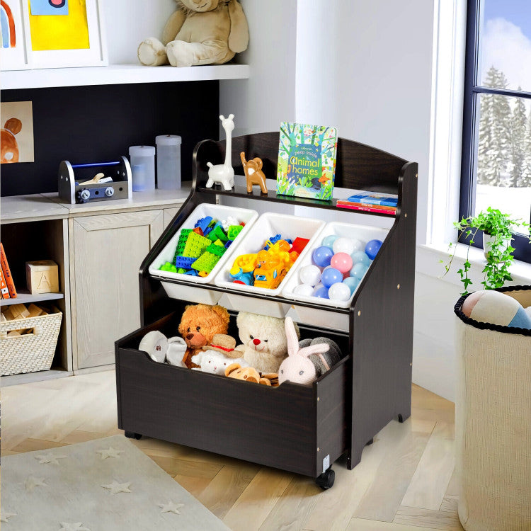 Kids Toy Storage Organizer with Rolling Toy Box and Plastic Bins, Wooden Cabinet