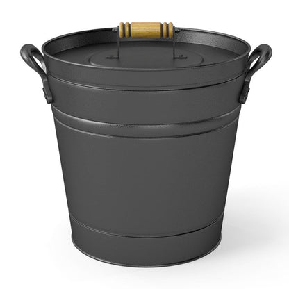 2.9 Gallon Metal Coal Ash Can with Wooden Lid and Side Grips for Fireplace Fire Pits