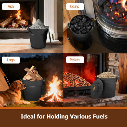 2.9 Gallon Metal Coal Ash Can with Wooden Lid and Side Grips for Fireplace Fire Pits