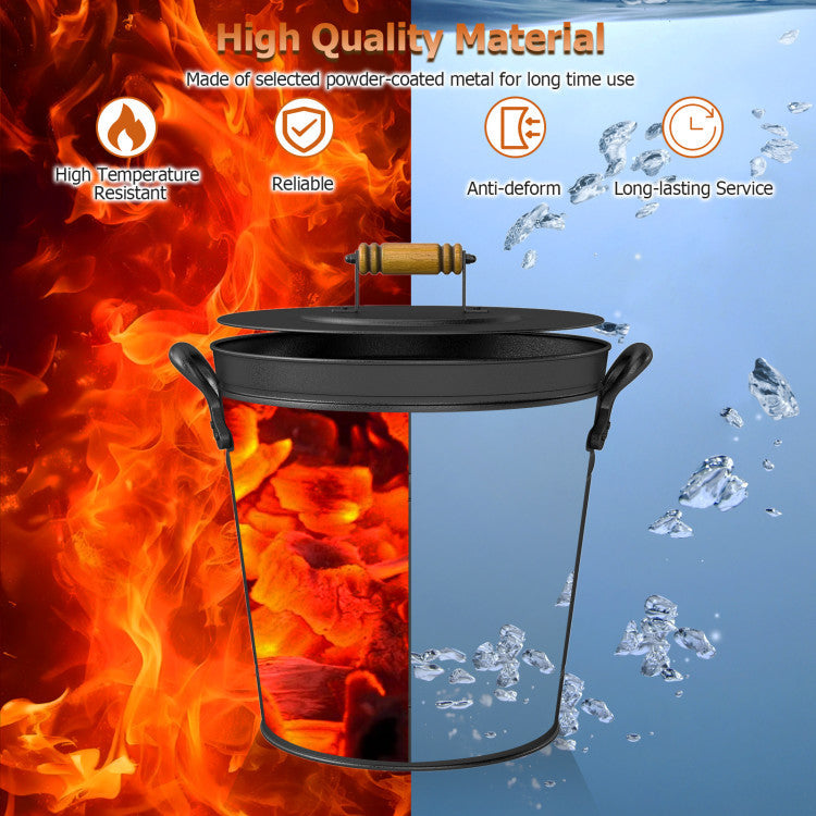 2.9 Gallon Metal Coal Ash Can with Wooden Lid and Side Grips for Fireplace Fire Pits