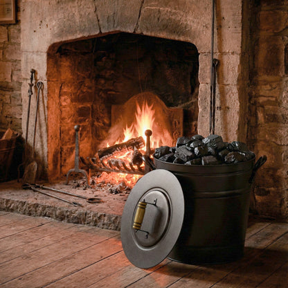 2.9 Gallon Metal Coal Ash Can with Wooden Lid and Side Grips for Fireplace Fire Pits