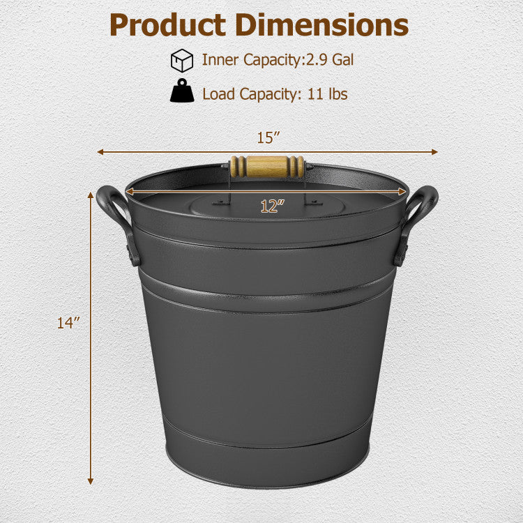 2.9 Gallon Metal Coal Ash Can with Wooden Lid and Side Grips for Fireplace Fire Pits