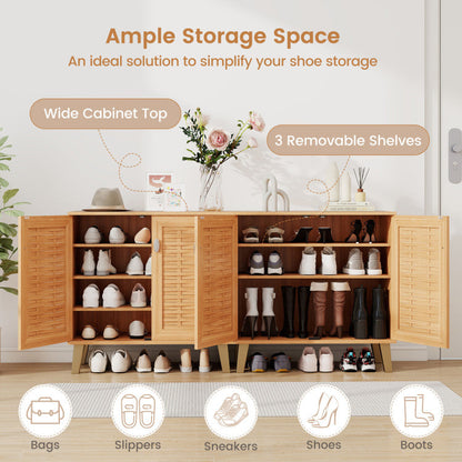 2-Door 4-Tier Shoe Cabinet Storage Organizer with Ventilated Woven Doors