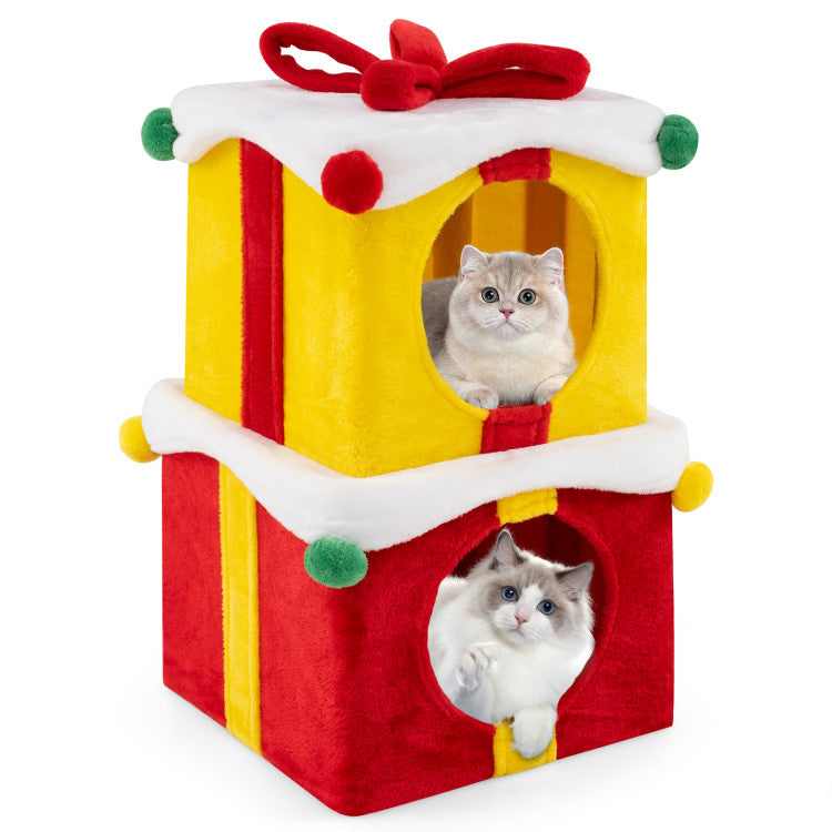 2 Gift Box Shaped Cute Christmas Cat House with Bow
