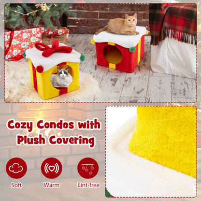2 Gift Box Shaped Cute Christmas Cat House with Bow