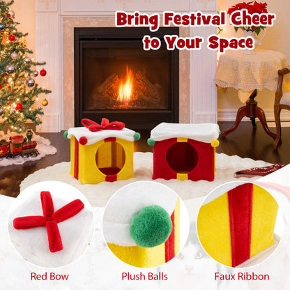 2 Gift Box Shaped Cute Christmas Cat House with Bow