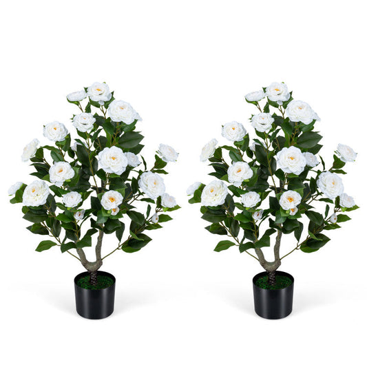 2-Pack Artificial Camellia Tree Faux Flower Plant in Cement-Filled Pot