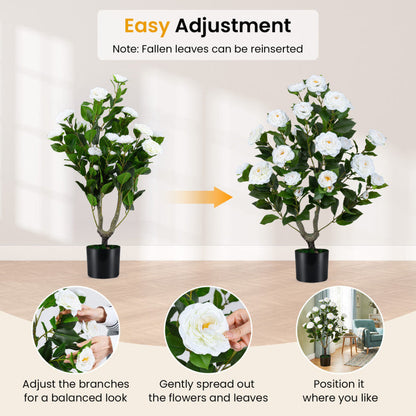 2-Pack Artificial Camellia Tree Faux Flower Plant in Cement-Filled Pot