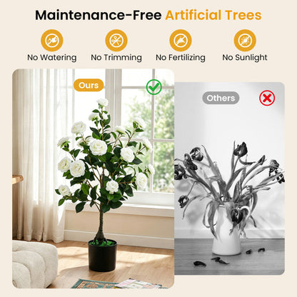 2-Pack Artificial Camellia Tree Faux Flower Plant in Cement-Filled Pot