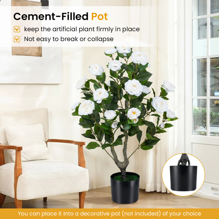 2-Pack Artificial Camellia Tree Faux Flower Plant in Cement-Filled Pot