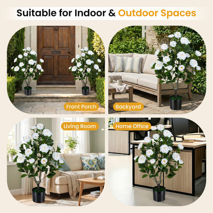 2-Pack Artificial Camellia Tree Faux Flower Plant in Cement-Filled Pot