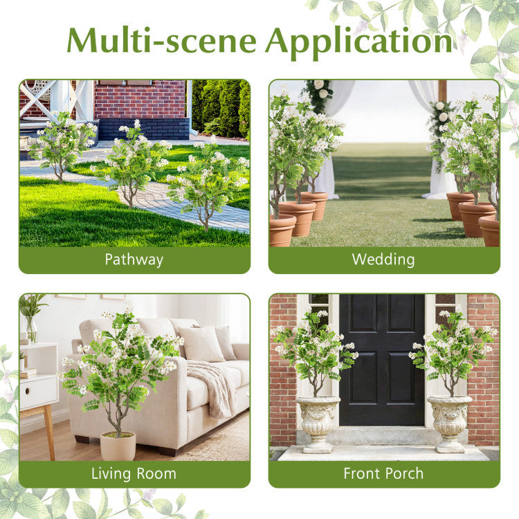 2 Pack Artificial Locust Flower Trees 39 Inch Fake Evergreen Shrubs with Ground Spikes