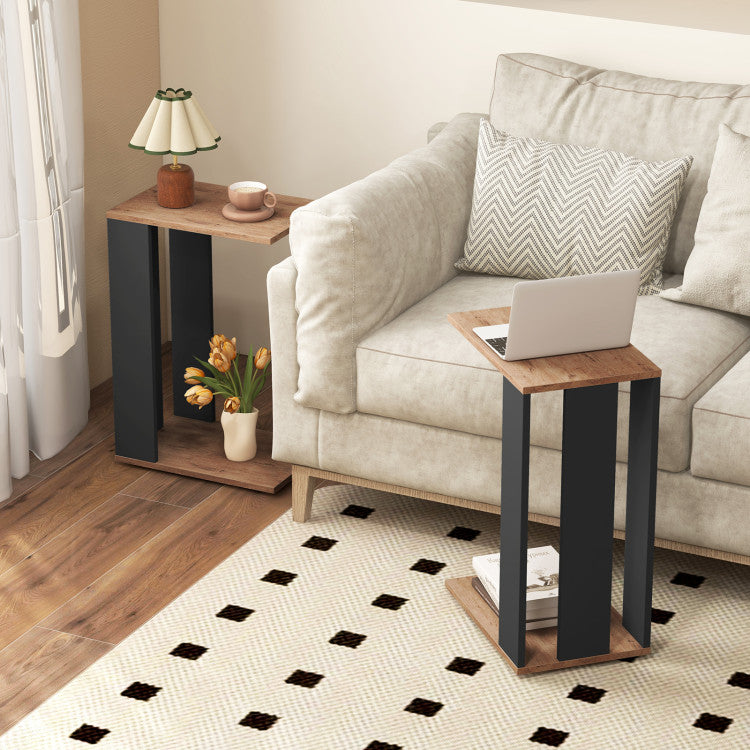 2-Tier C-Shaped Side Table with Universal Wheels and Shelf