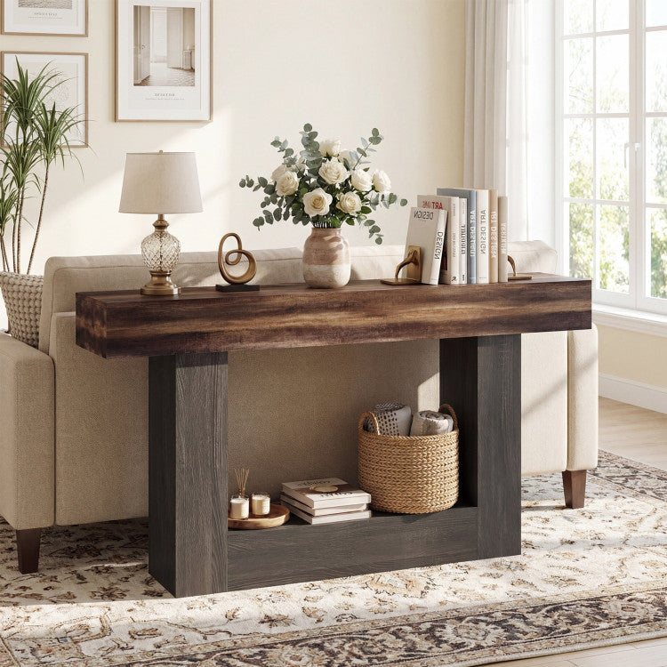 2-Tier Farmhouse Console Table 63" Long with Storage Shelf