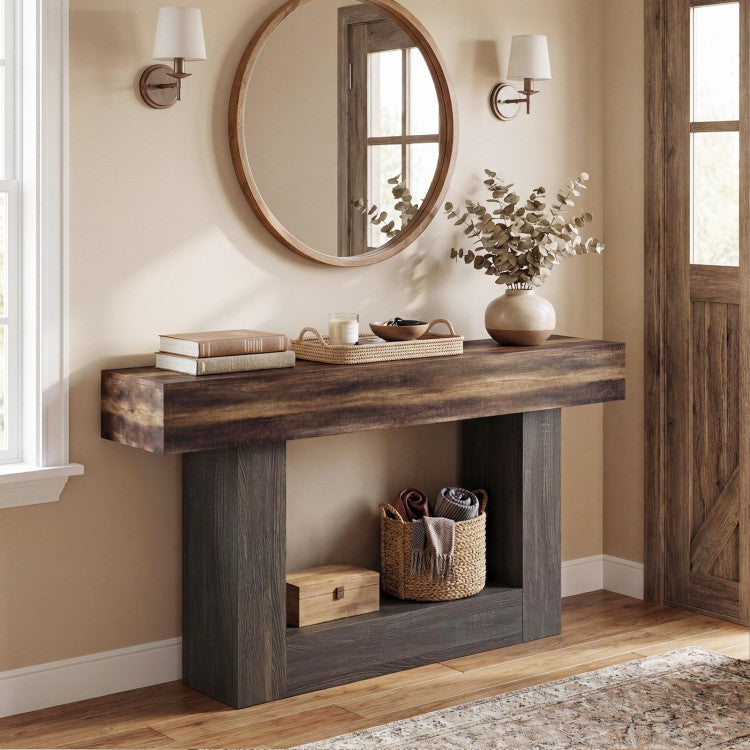 2-Tier Farmhouse Console Table 63" Long with Storage Shelf